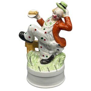 collectable clown figurine glass fence white brown hat dots grass shine 8" READ